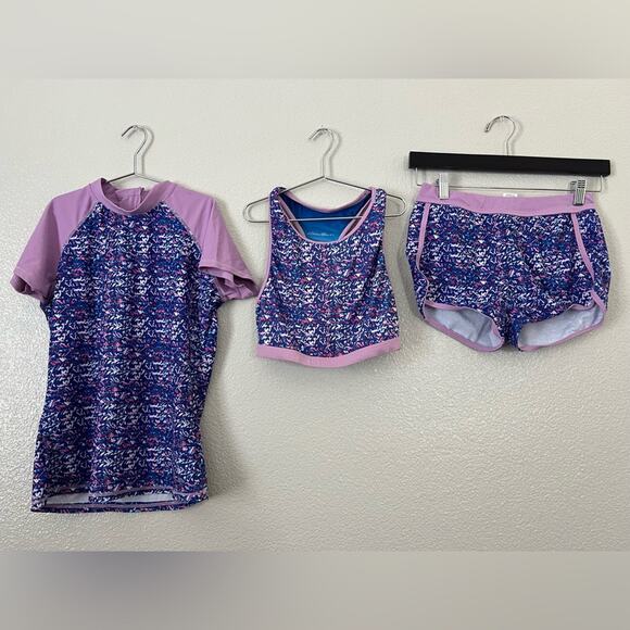 Eddie Bauer Girls Rashguard Swim Set purple print short sleeve shorts - Picture 1 of 3